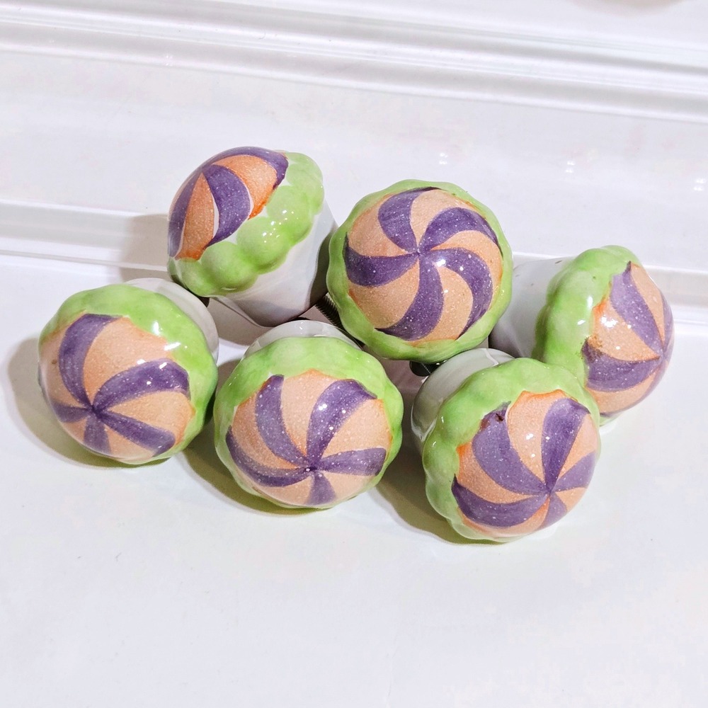 MacKenzie-Childs Pinwheel Knobs Set of 6 Purple Green Orange Terraotta Huge Set